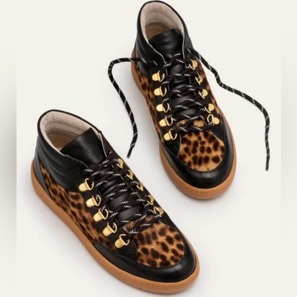 LIKE NEW BODEN Black & Tan Leopard Anita Hightop Leather Sneakers Size 6 - Picture 1 of 16